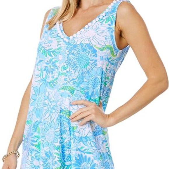 Lilly Pulitzer Camilla Swing Dress Pom Pom V Neck Frenchie Blue Suns Out XS